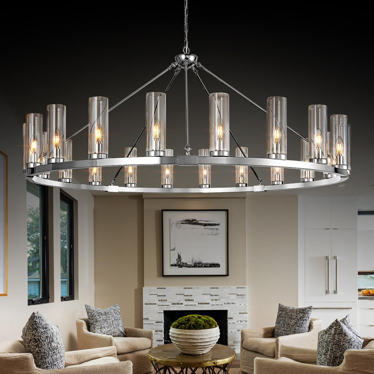 20 Light Large Wagon Wheel Chandelier with Clear Glass Shade Chrome Round Pendant Light Farmhouse Industrial Chandeliers Dining Room Light Fixture for Stair Living Room Foyer Kitchen (Chrome / 1 Tier-20 Lights)