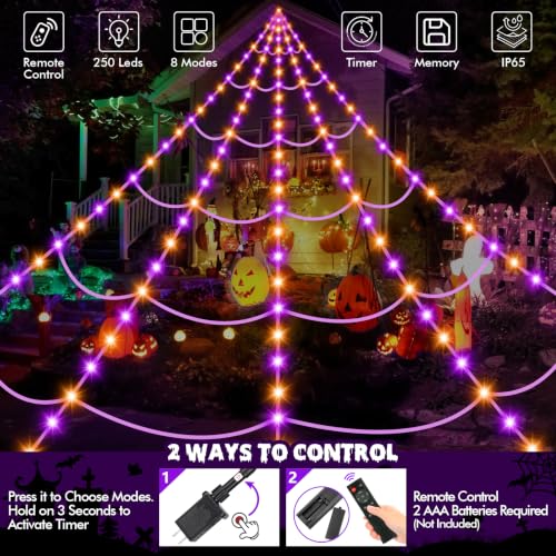 200" Halloween Decorations Spider Web Lights Outdoor +59" Fake Spider (Purple,Orange)