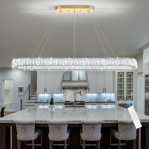 Modern Oval Crystal Chandelier for Dining Room Rectangular Ceiling Light Fixture Dimmable LED Chandeleirs for Living Room Kitchen Island Gold (Gold / Oval 59" x 12")