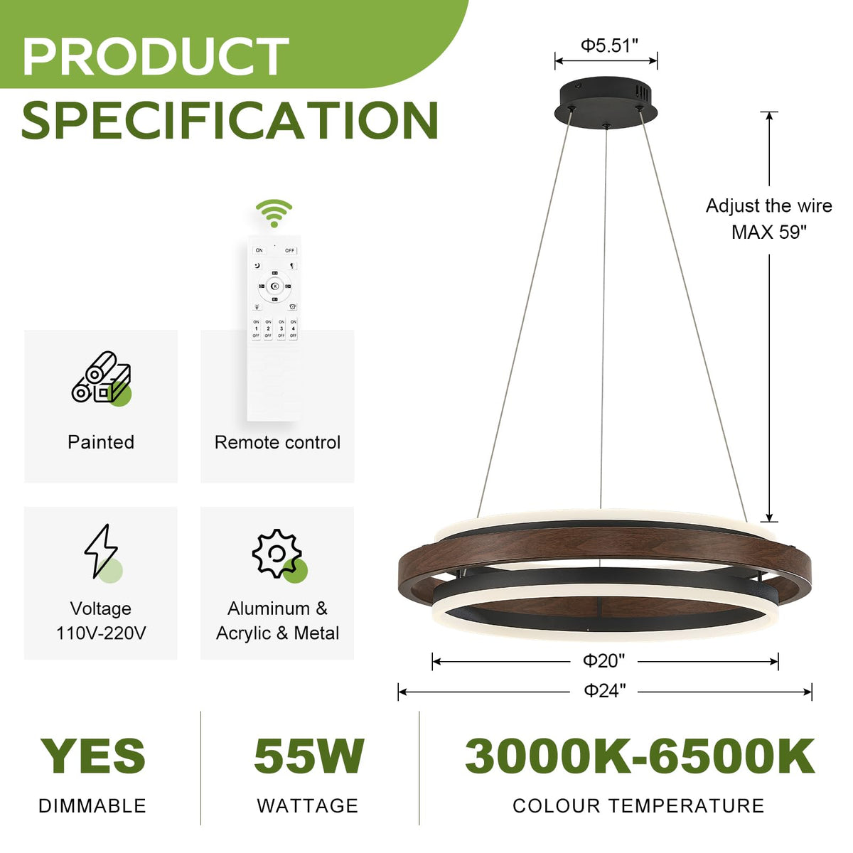 2 Rings Modern LED Chandelier Black Walnut Color with Remote (Wood Grain Black / 2 Rings 24 inches Up&Down)