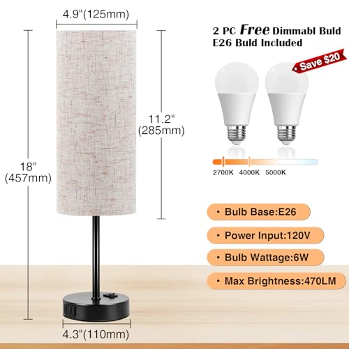 Table Lamp for Bedroom 2 Pack (Flaxen Fabric Shade Black Base / 18inch)
