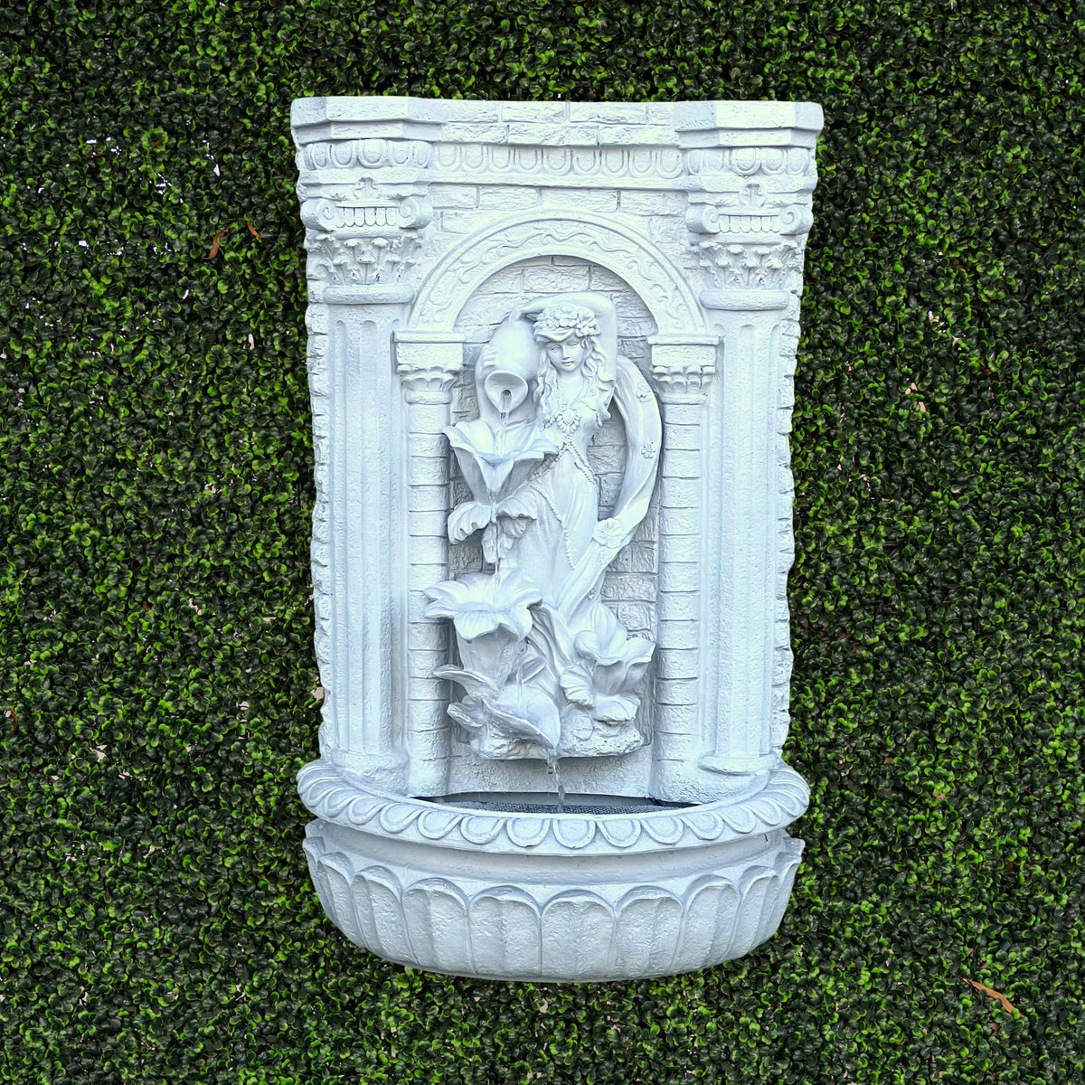 30.3" Solar Powered Outdoor Wall Fountain with Flower Maiden Statue (White)