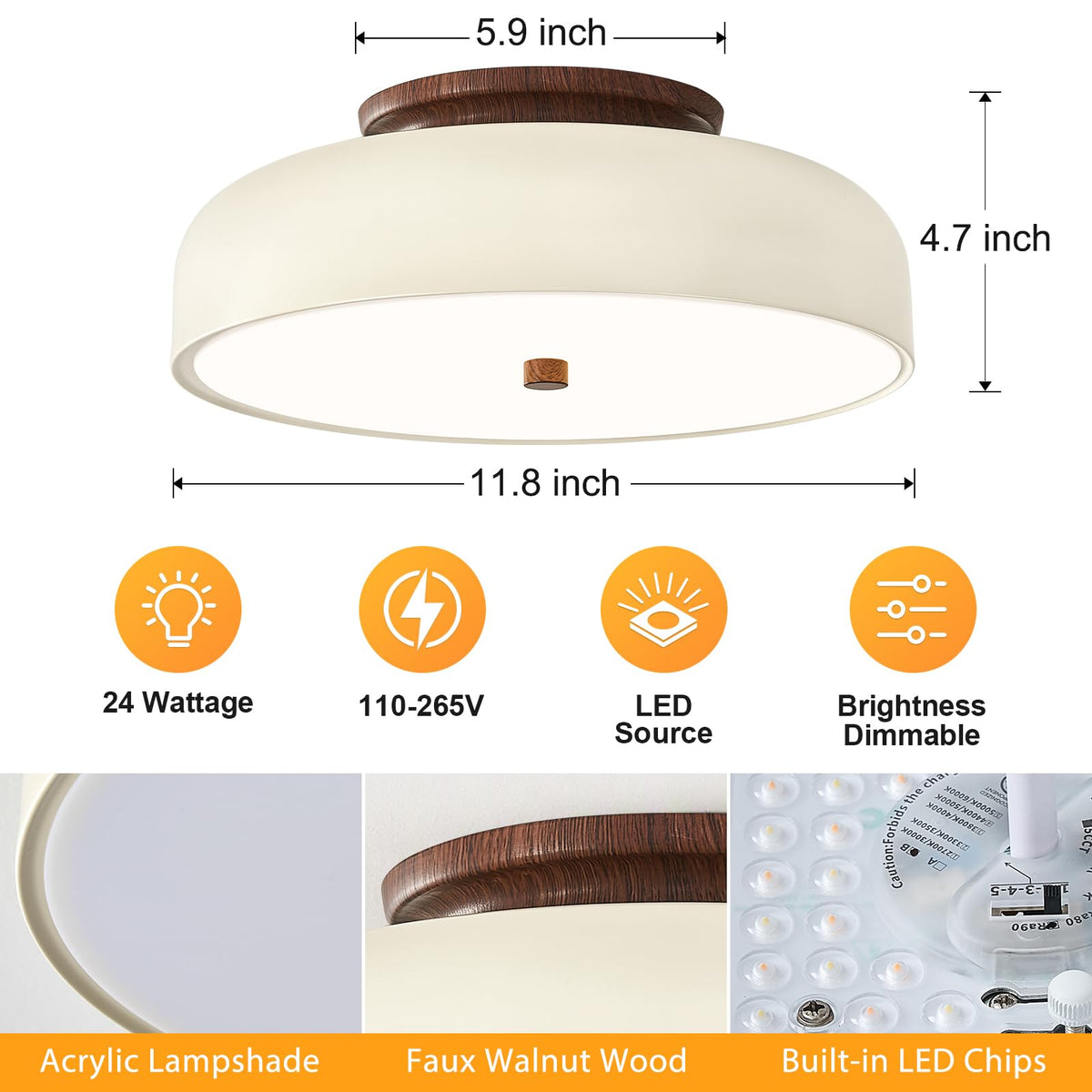 Dimmable LED Ceiling Light Fixture (Cream Walnut / 11.81IN)