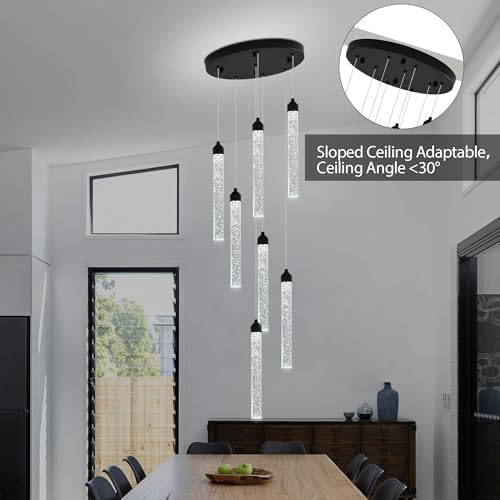 7 Lights High Ceiling Crystal Staircase Chandelier Black Pendant Lights Modern Spiral Raindrop Dimmable LED Bubble Cluster Ceiling Hanging Lighting Fixture for Foyer Living Room Remote Control (Black / 7 lights)