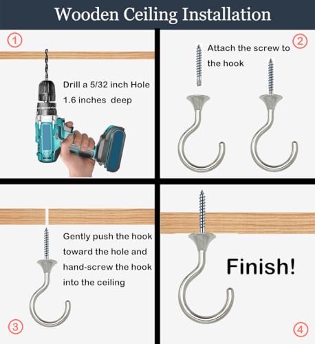 Heavy Duty Ceiling Hooks for Hanging Plants 4 Pack (Silver)