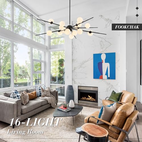 Large Black Sputnik Ceiling Light Fixture 51in 16 Light Frost Glass (Black & White / 51 inch)