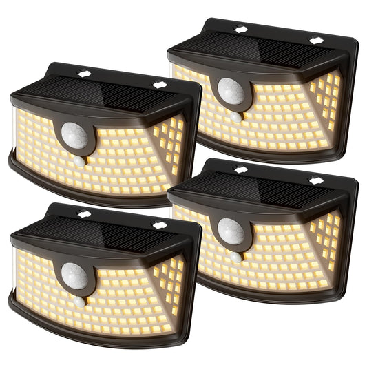 Solar Motion Sensor Lights Outdoor 120 LEDs (Black-Warm / 4 Pack)