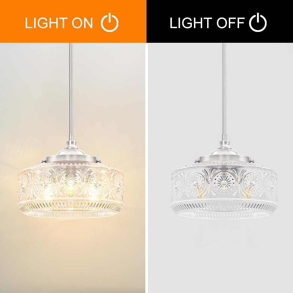 Brushed Nickel 3 Light Pendant Light for Kitchen Island with Etched Glass (Nickel+Clear Glass / 11.8in)