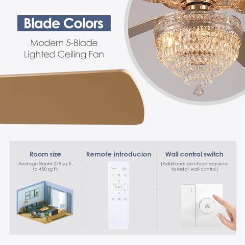 62"Golden Crystal Chandelier Ceiling Fans with Lights and Remote Control (Gold-62IN)