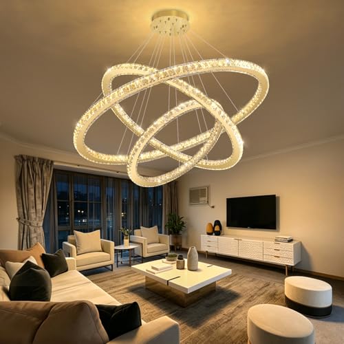 Modern Crystal Chandelier Dimmable LED Ceiling Light Fixture Luxury 3 Ring Stainless Steel Pendant Light for Living Room Dining Room Foyer Gold (Gold / 3-Ring 40")