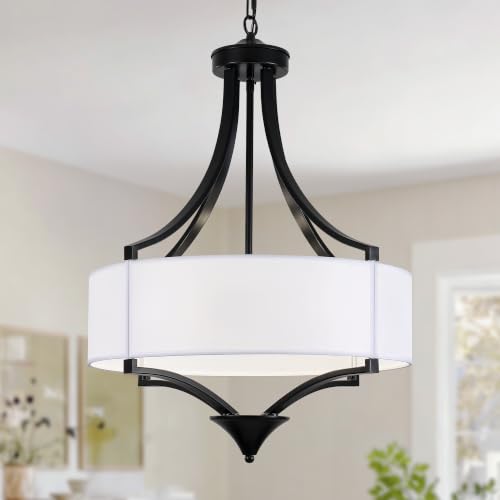 Modern Drum Chandeliers for Dining Room Light Fixture with White Fabric Shade Large Pendant Lighting for Kitchen Island Living Room Bedroom Foyer Over Table