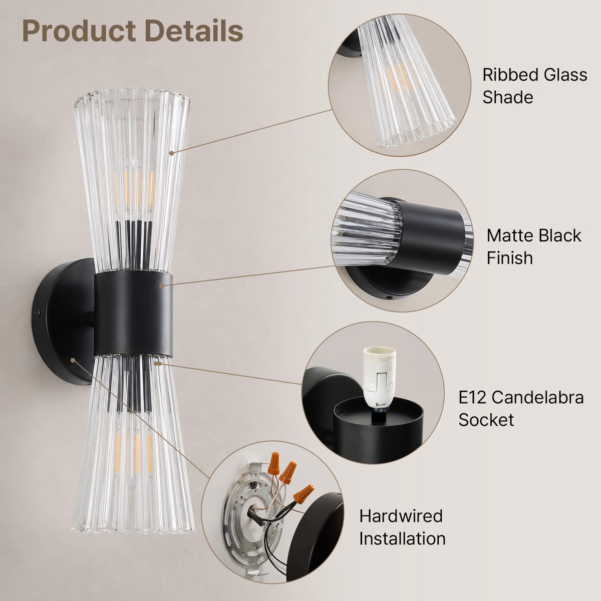 Black Glass Wall Sconce Light (Black Clear Glass)