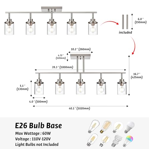 5-Light Wall/Ceiling Track Lighting Kit in Brushed Nickel Semi Flush Mount Ceiling Light with 5 Rotatable Light Heads Modern Vanity Lights for Bathroom, Clear Glass Shade (Brushed Nickel / 5-Light)