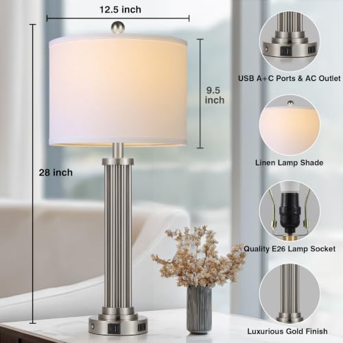 28" Tall Modern Table Lamps Set of 2 with USB C+A Ports and AC Outlet (Silver-2 Pack)