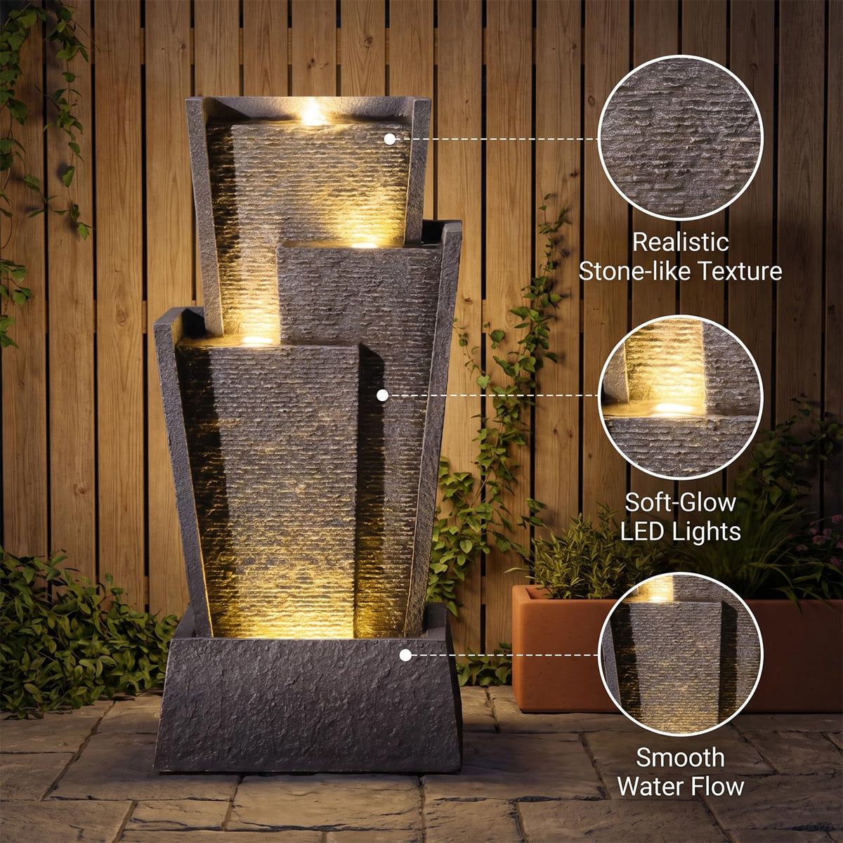 28H Modern Cascading Outdoor Water Fountain with Warm LED Light (28.3H)
