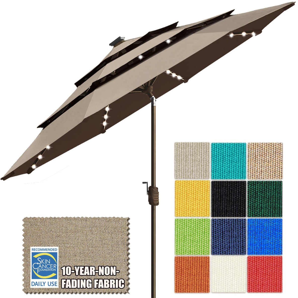 USA 10-Year-Non-Fading 9ft 3-Tier Market Patio Umbrella, Commercial Table Umbrella with 80 Solar LED Lights, Crank Open, Windproof & UPF 50+ UV Protection for Garden, Deck, Pool, Backyard, Mushroom (Mushroom / 9 FT(Triple Vents Tilt))