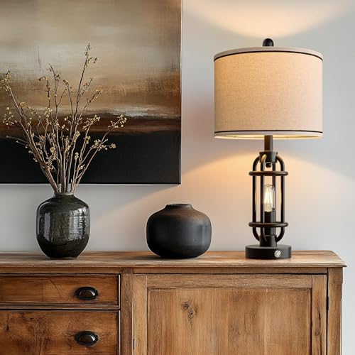 24'' Table Lamps for Living Room Bedroom Industrial Touch Lamp with USB A+C Ports (24'' Black - Single)