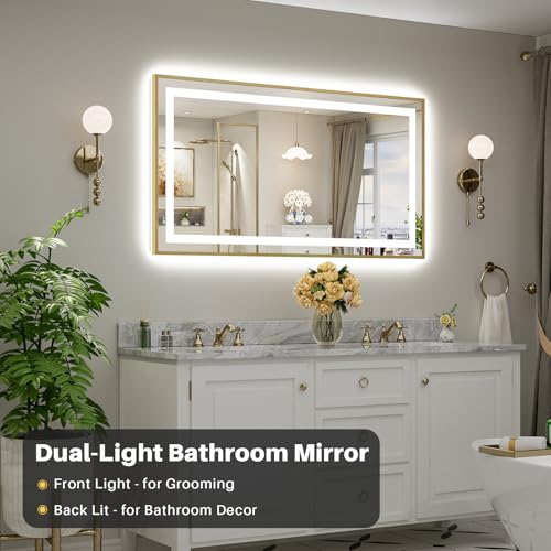 55x30 Inch LED Bathroom Mirror with Gold Frame (Backlit+front Lit With Gold Frame / 55"L x 30"W)