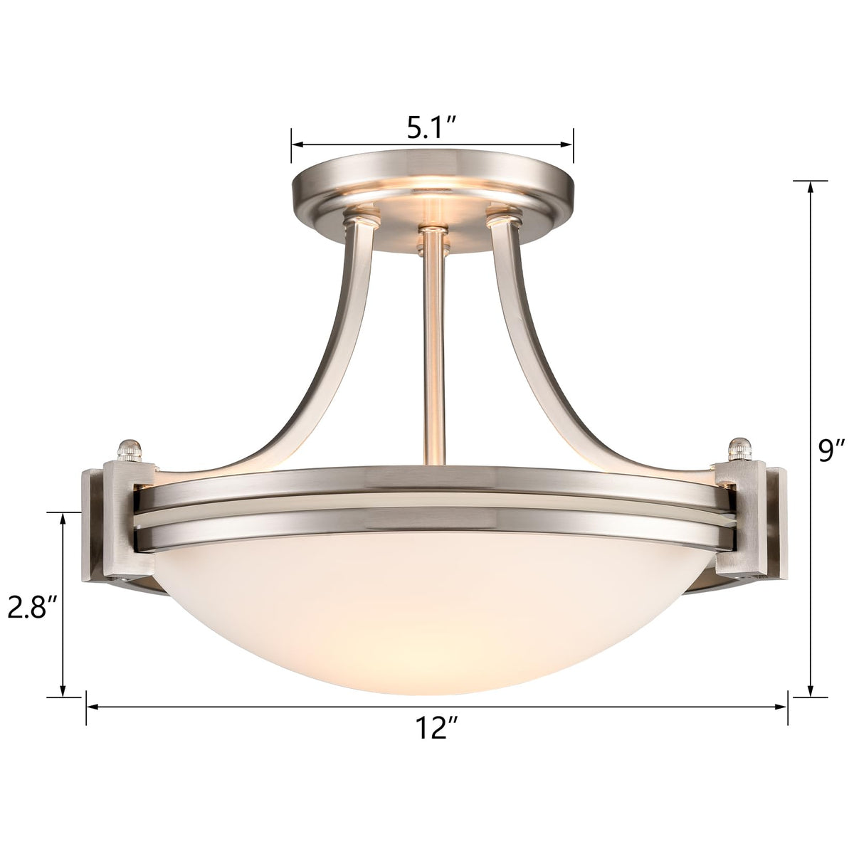 Brushed Nickel Semi Flush Mount Ceiling Light with Milk Glass 12In (Semi-Flush Mount / Silver)