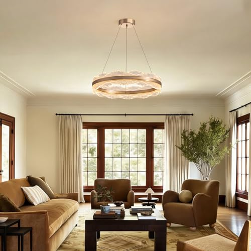 Gold Chandelier Light Fixture 23.6" Modern Led Chandelier 3 Colors Dimmable Chandeliers for Dining Room Contemporary Pendant Ceiling Light for Kitchen Island Bedroom Living Room with Remote Control (Gold D 23.6'')