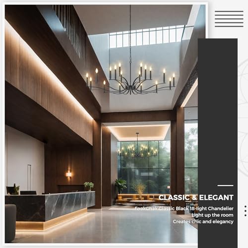 Black Living Room Chandelier 18 Light High Ceiling Foyer Candle Chandelier Large Dining Room Light Fixture Over Table 59in Metal Modern Chandeliers Hanging Light for Entry Master Bedroom (Black / 59 inch)