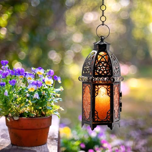 Vintage Large Size Decorative Ramadan Candle Lantern (Large / Amber - 12.8''h)