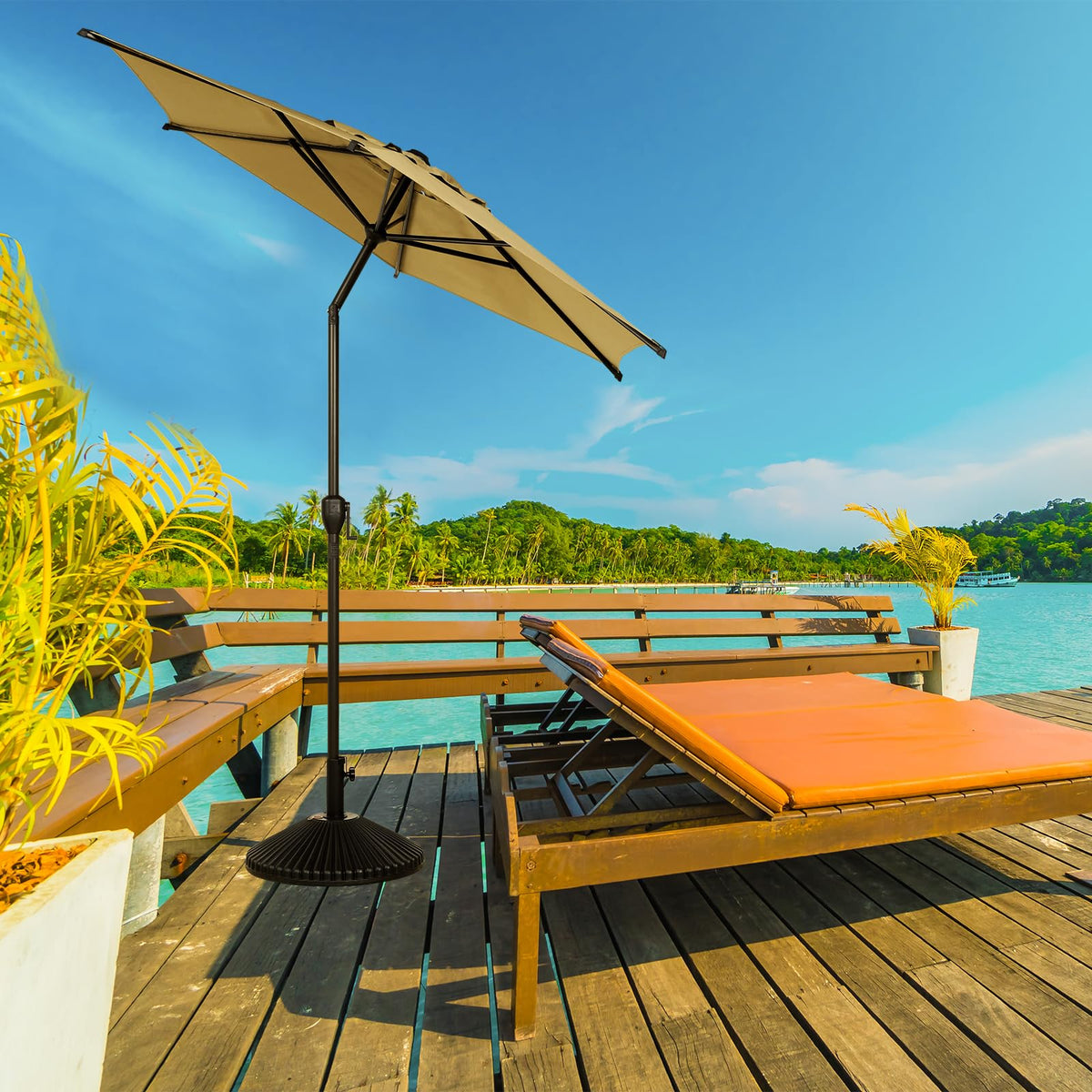 7.5FT Lyon Outdoor Patio Umbrella Outdoor Table Umbrella with Push Button Tilt and Crank Market Umbrella 6 Sturdy Ribs UV Protection Waterproof for Garden Deck Backyard Pool Tan (7.5 FT(6 Ribs) / Tan)