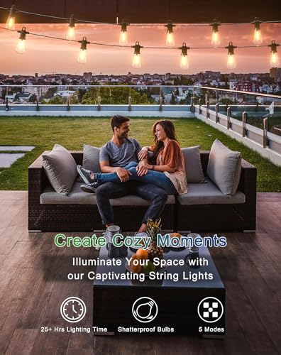 Solar String Lights Outdoor Waterproof 50FT with USB Port and 27 Shatterproof ST38 Bulbs (50FT-Solar)