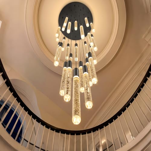 16 Foot Chandeliers for Living Room Entryway High Ceiling Light Fixtures Sloped Flush Mount Ceiling Pendant Lighting Dimmable Chandelier with Remote LED Crystal Pendants Lighting Black Light (36 lights / Black)