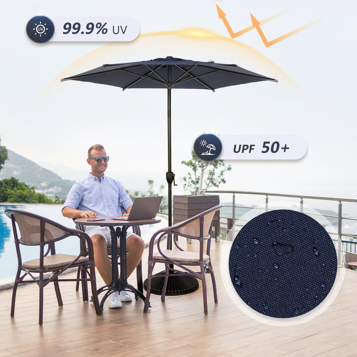 7.5FT Lyon Outdoor Patio Umbrella Outdoor Table Umbrella with Push Button Tilt and Crank Market Umbrella 6 Sturdy Ribs UV Protection Waterproof for Garden Deck Backyard Pool (7.5 FT(6 Ribs) / Navy Blue)