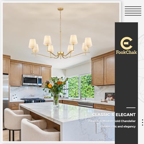 8 Light Brass Gold Chandelier with White Fabric Shade 44'' Linen Dining Room Chandeliers Over Table Kitchen Chandeliers Light Fixture for Living Room Bedroom Entryway Home Office (Gold & Linen / 43.7 inch)