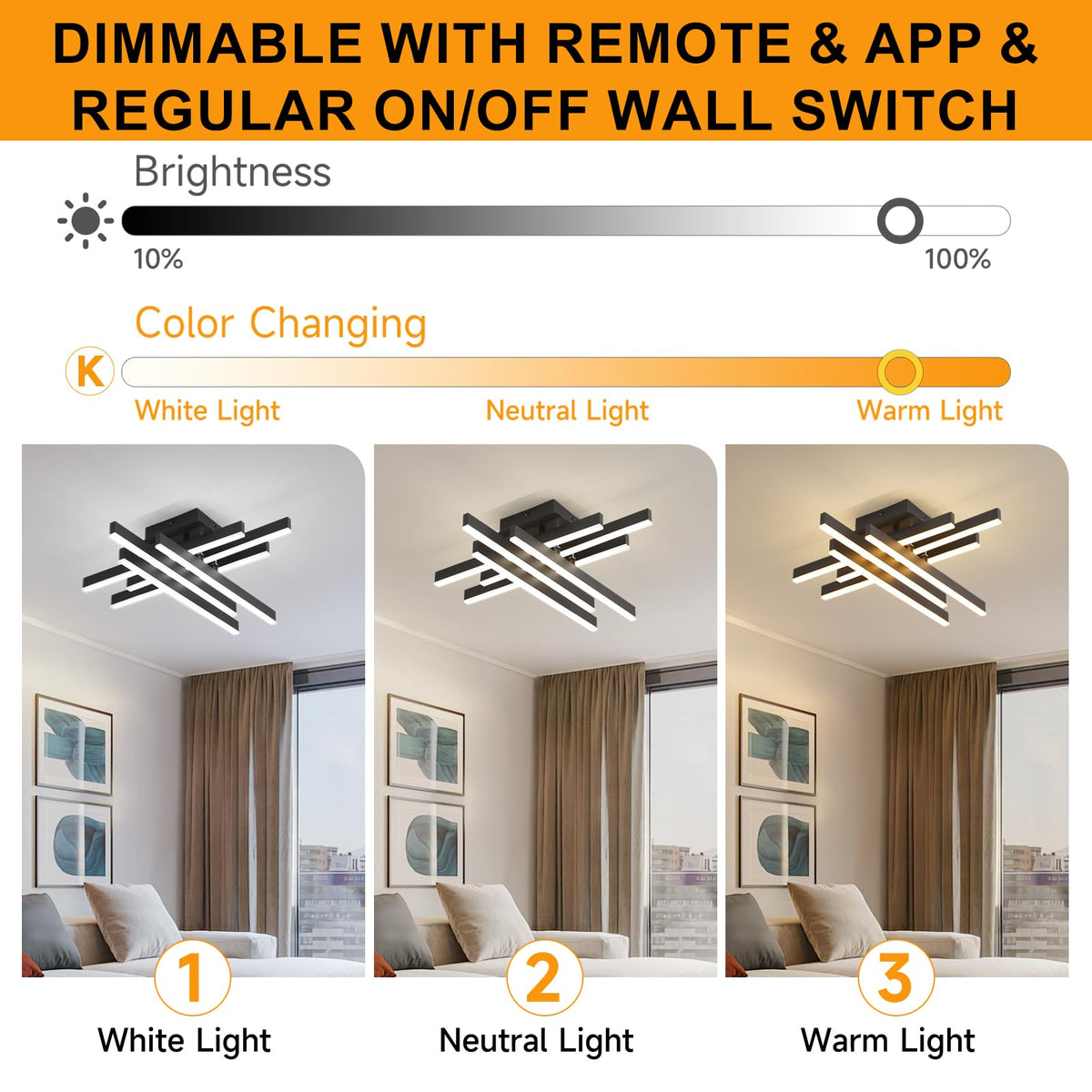 Modern LED Ceiling Light with Remote (6 Light-Square-Black)