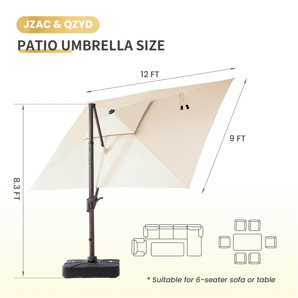 9x12 FT Cantilever Offset Patio Umbrella with Lights & Base (Beige)