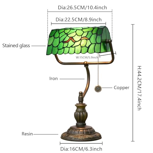 Tiffany Style Green Bankers Desk Lamp Stained Glass Lamps Tree Leaf Vintage Bedroom Bedside Study Pull Chain Reading Desk Light Retro Office Led Adjustable Nightstand Antique Accent Deskla (Green Leaves)