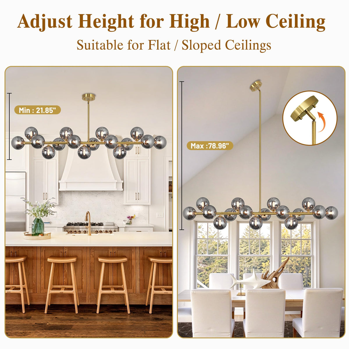 16 Lights Linear Chandeliers for Dining Room (Gold and Smoke Gray Shade / 55inch)