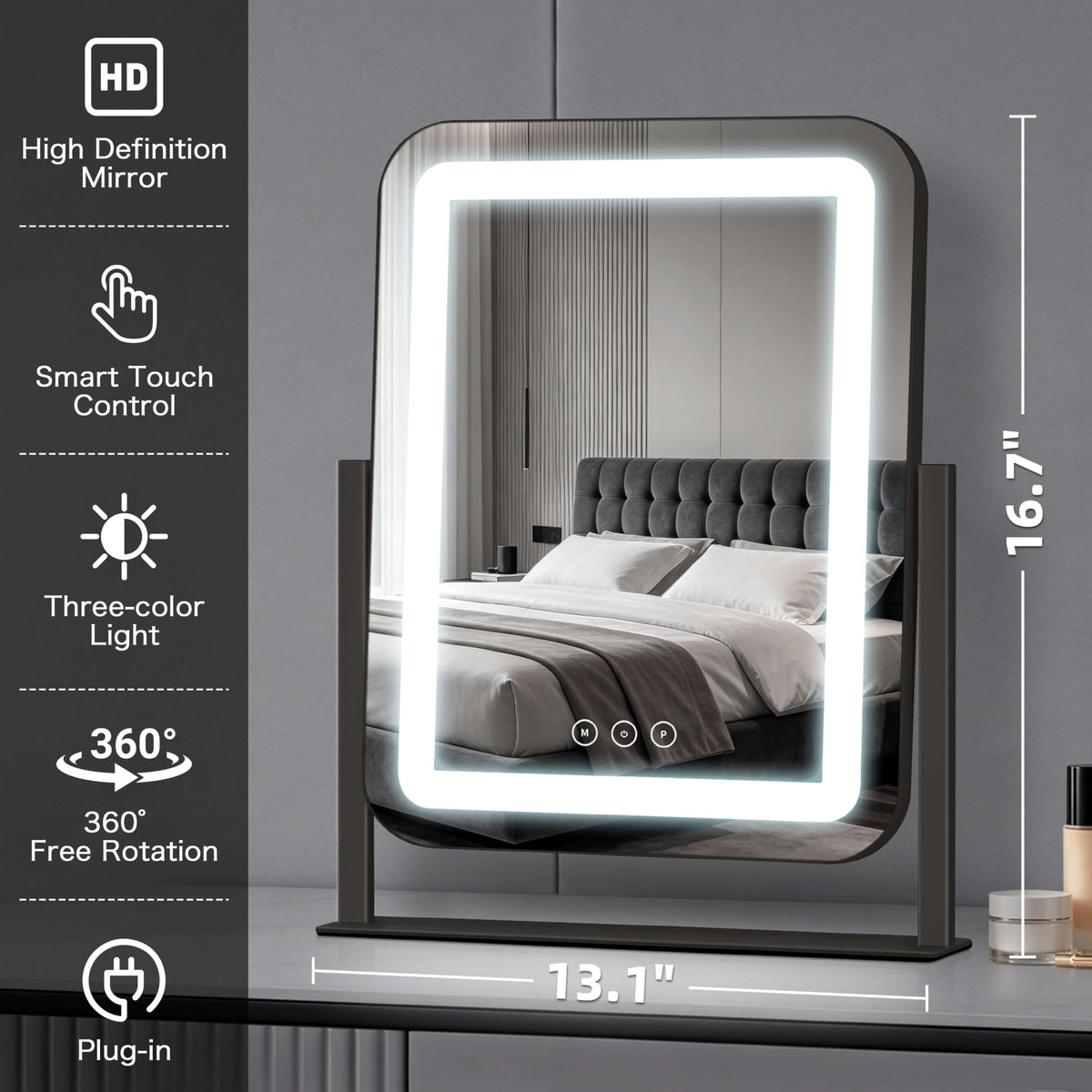Vanity Mirror with Lights (Black / 16.7"L x 13.1"W)