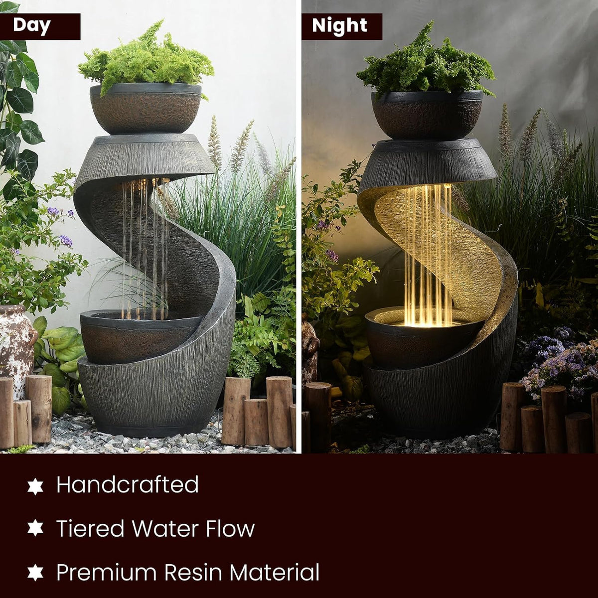 Modern S Shaped Garden Outdoor Water Fountain with LED Lights Gray (31.9H-G)