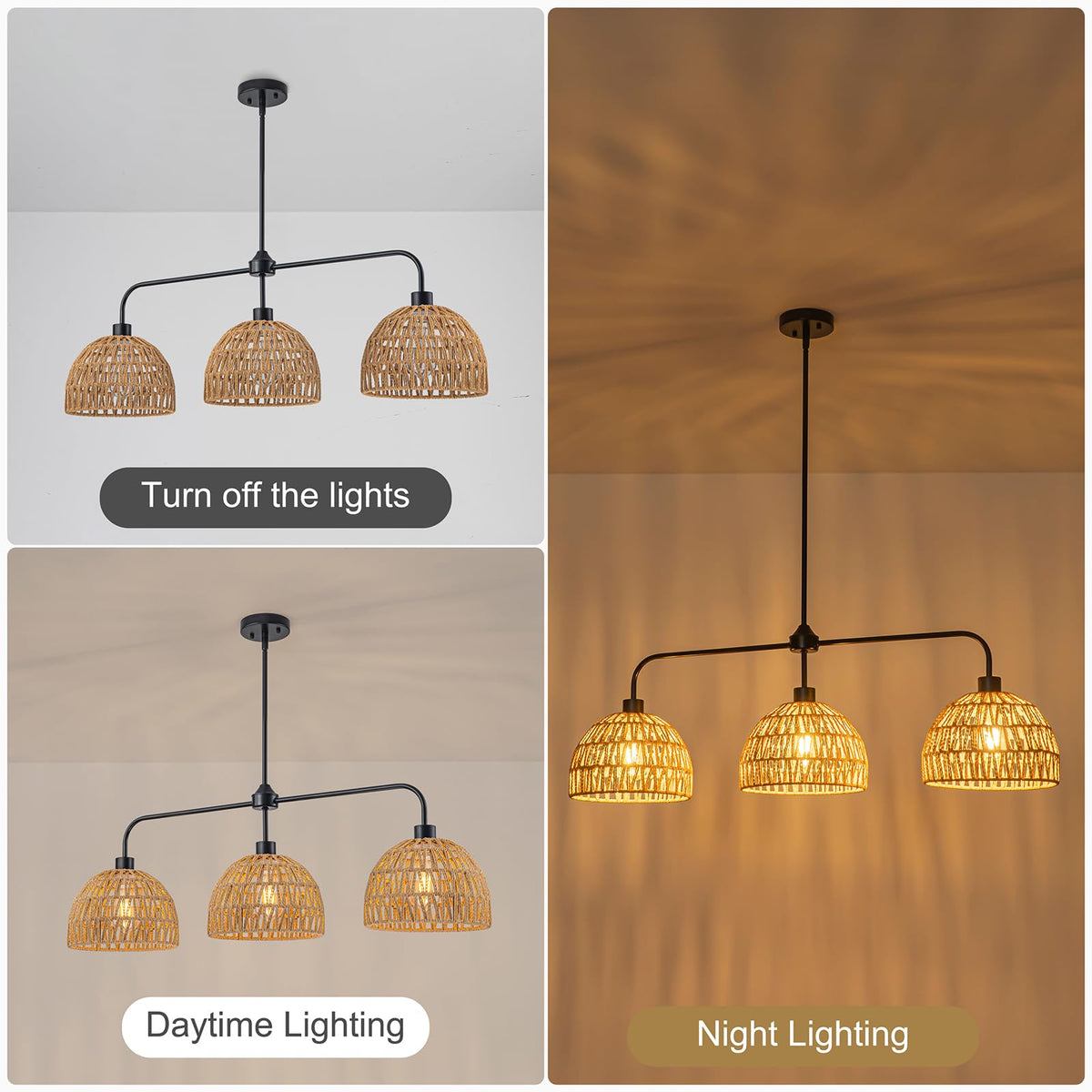 3 Light Hand Woven Rattan Kitchen Island Lighting (Black&Rattan)