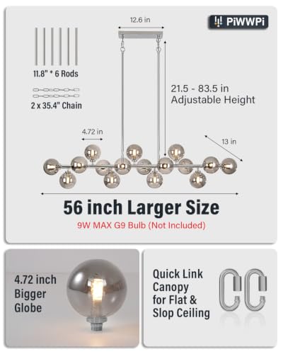 55 Inch Long Chandeliers for Dining Room Kitchen Island (Chrome Silver (with Somke Grey Lampshade) / 55 Inch)