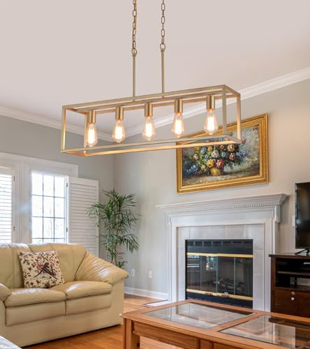 Gold Rectangle Kitchen Island Lights Rectangular Modern Industrial Chandelier for Dining Room 5 Lights Linear Vintage Cage Light Fixtures UL Listed (Gold)