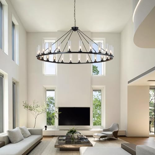 24 Light Large Wagon Wheel Chandelier with Clear Glass Shade Black Round Pendant Light Farmhouse Industrial Chandeliers Dining Room Light Fixture for Stair Living Room Foyer Kitchen (Black / 1 Tier-24 Lights)