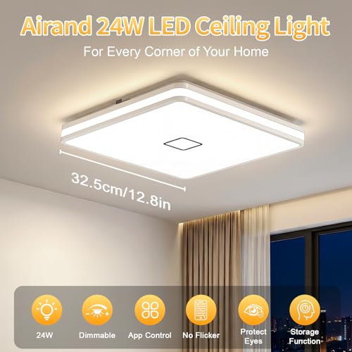 LED Flush Mount Ceiling Light Fixture Dimmable with App Control (12.8 inch Square-3000K-5000K Adjustable)