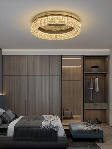 32'' Modern Chandeliers for Living Room Crystal Chandelier Flush Mount Ceiling Light Fixture for Dining Room Living Room Bedroom Dimmable 2700 (Gold / Dia 32inch)