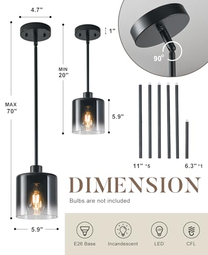 2 Pack Black Pendant Light Fixtures (Gradient black glass—Stem / 2 Pack)