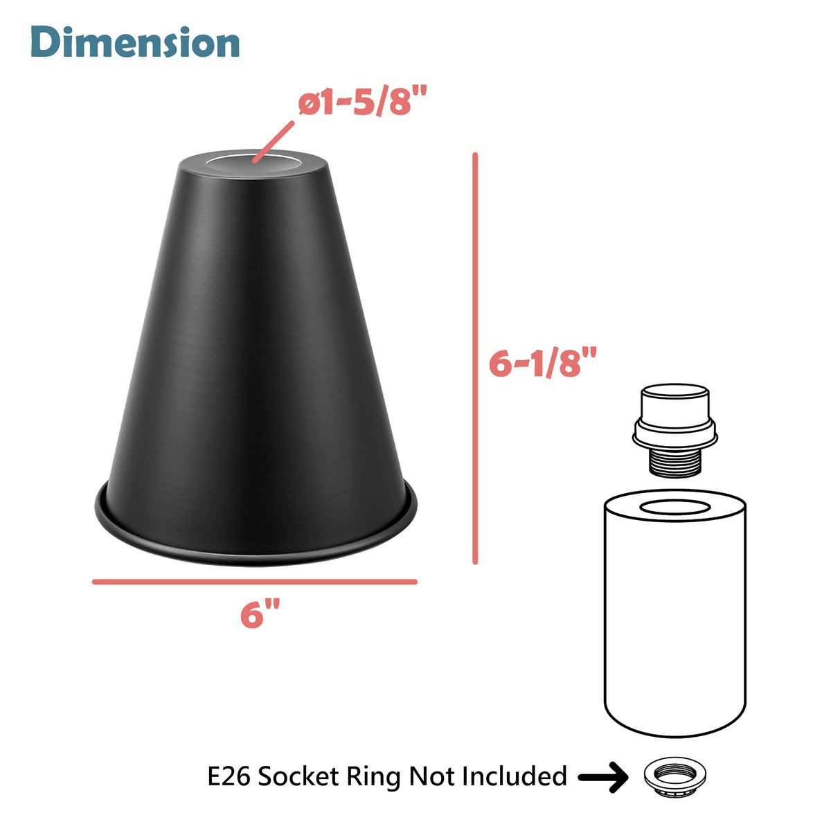21603-11,Replacement Cone Metal Shade for Pendant Light,Matte Black,6"W x 6-1/2"H,Center Hole 1-5/8" (Matte Black with White inside)