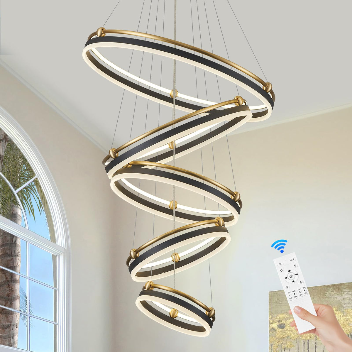 5 Rings LED Chandelier Black Gold Dimmable Large High Ceiling Chandeliers (5 Ring Circular D29.5in / Black Gold)