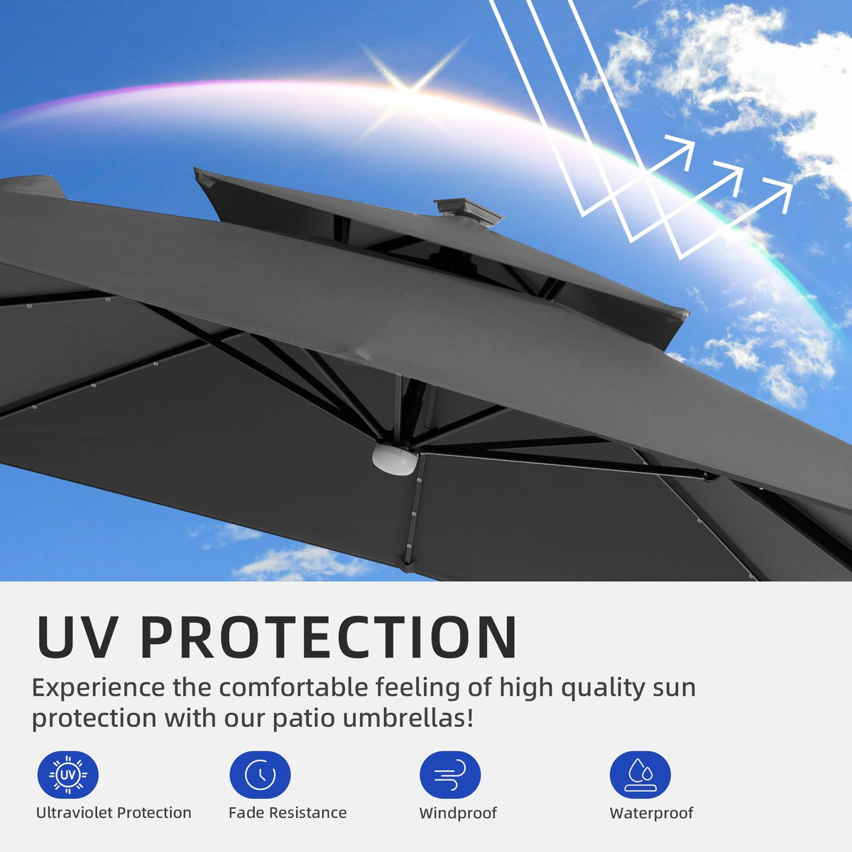 9x9 FT Cantilever Offset Patio Umbrella with Lights & Base (Grey)