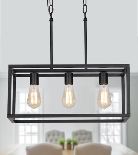 3 Light Black Linear Chandelier Modern Rectangle Farmhouse Dining Room Light Fixture for Kitchen Island Bar UL Listed (3-Lights)