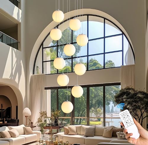 LED Staircase Chandelier Glass Globe Pendant Light Chrome Large Chandeliers for High Ceiling (Silver-White / Globe 10-Light)