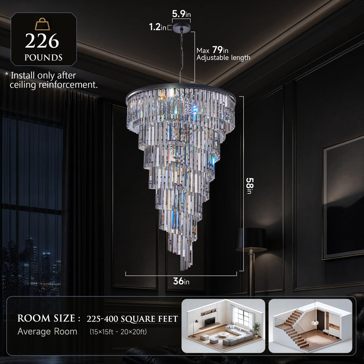 36'' Spiral Crystal Chandelier Black Modern Light Fixture (36''(Black))